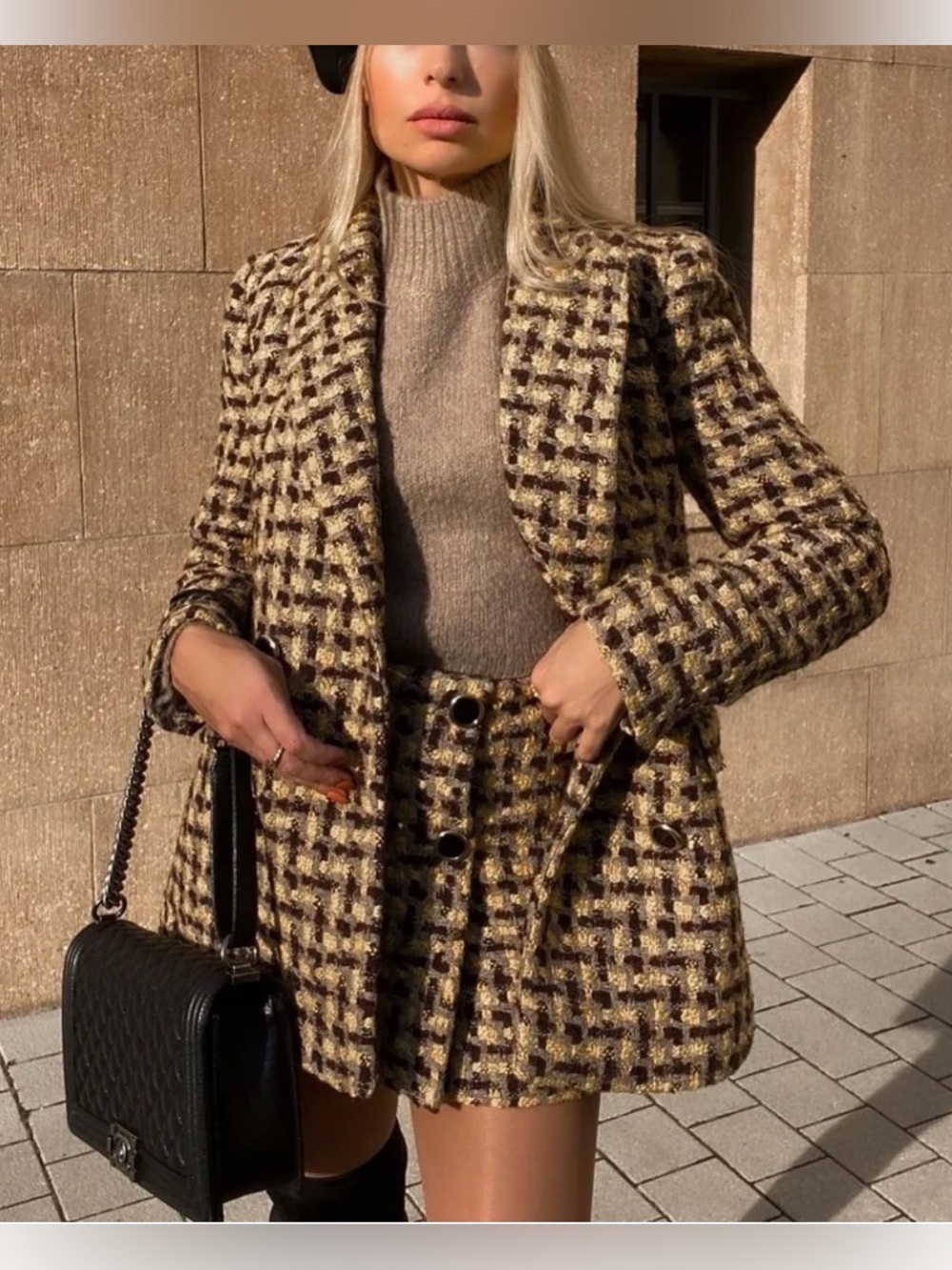 ZARA Textured Tweed Wool Blend Double Breasted Blazer Jacket Small Gold Brown - Picture 4 of 13